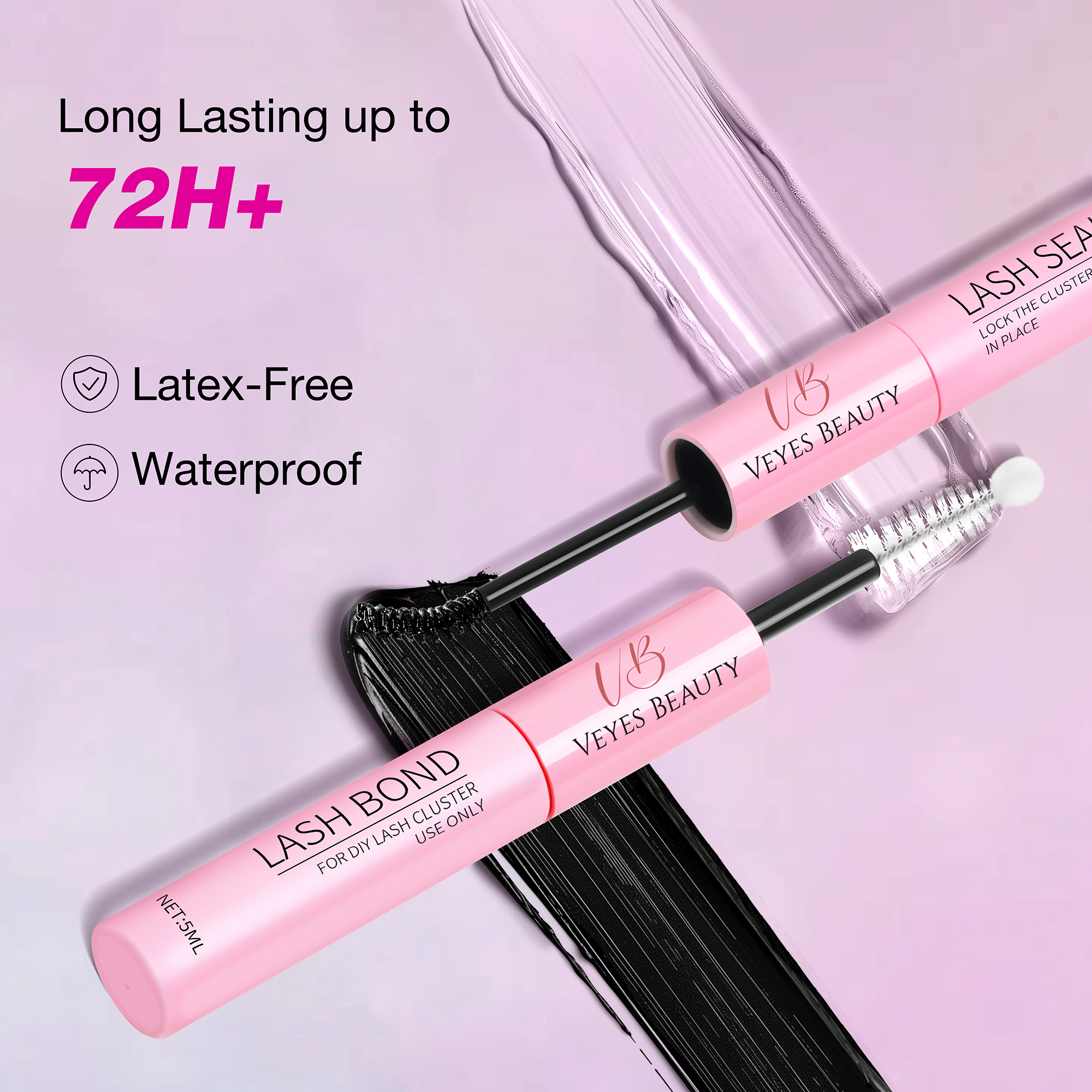 Veyes Beauty lash bond product with pink packaging on a light purple background